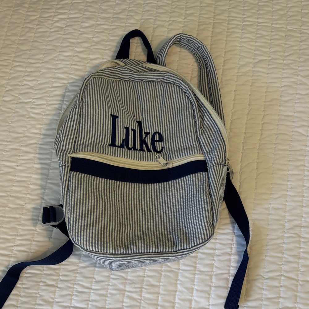 Small seersucker backpack personalized with Luke